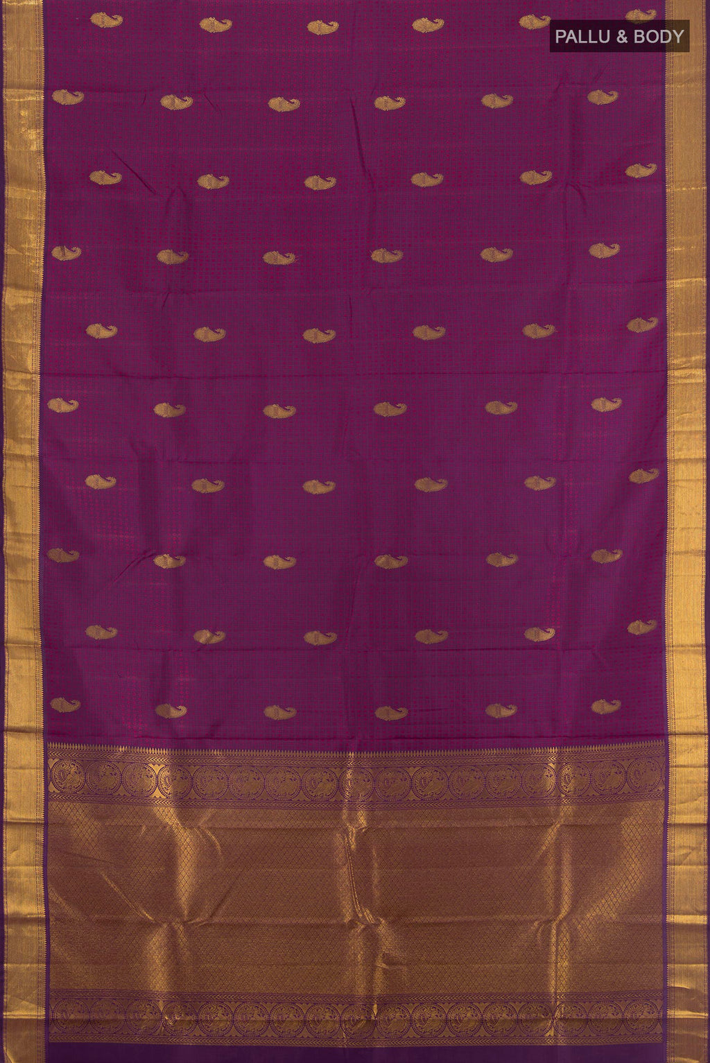 Flat view of Purple Kanchipuram Silk Saree with Jacquard With Zari Butta on the body and Zari Border. 
