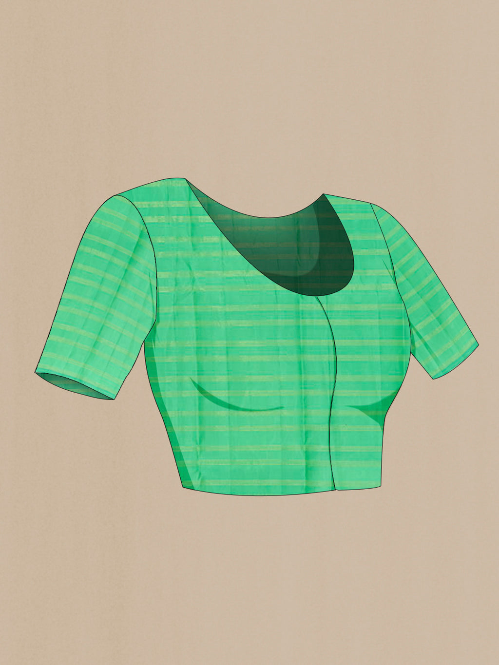 Close up image of the blouse of Sea Green Kanchipuram Silk Saree with Stripes on the body and Without Border. 