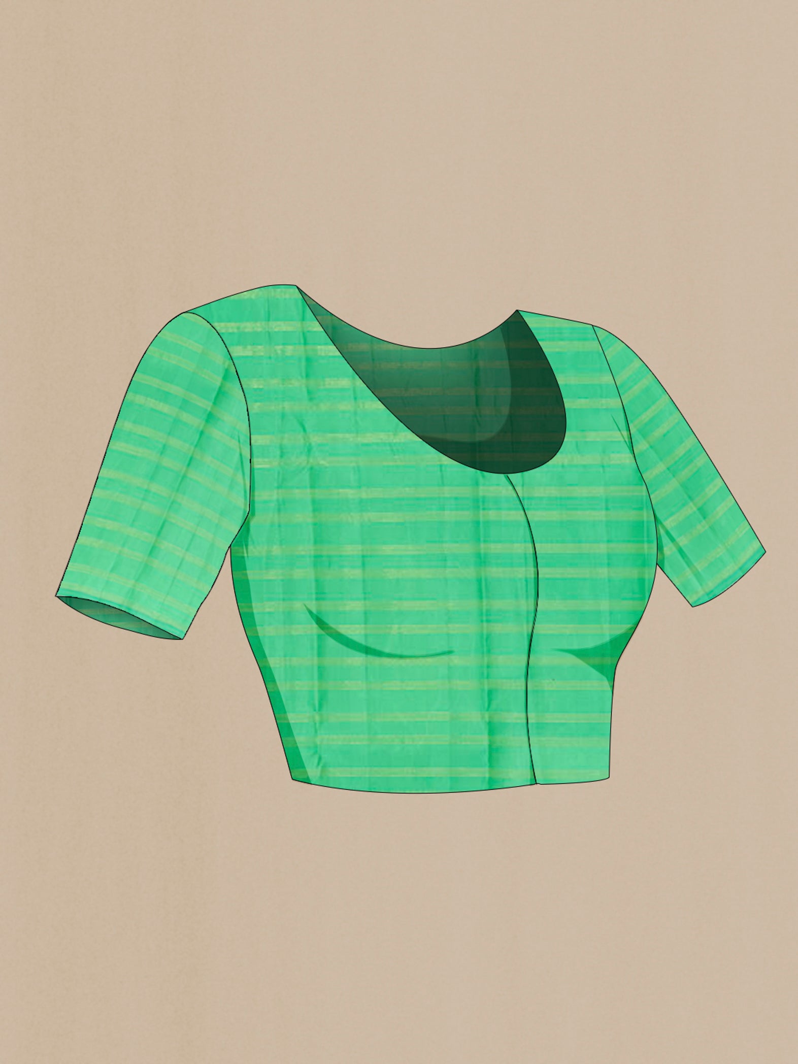 Close up image of the blouse of Sea Green Kanchipuram Silk Saree with Stripes on the body and Without Border. 