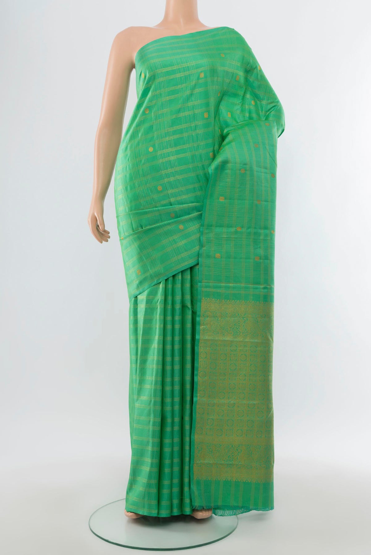 Sea Green Kanchipuram Silk Saree with Stripes on the body and Without Border.  displayed on a mannequin
