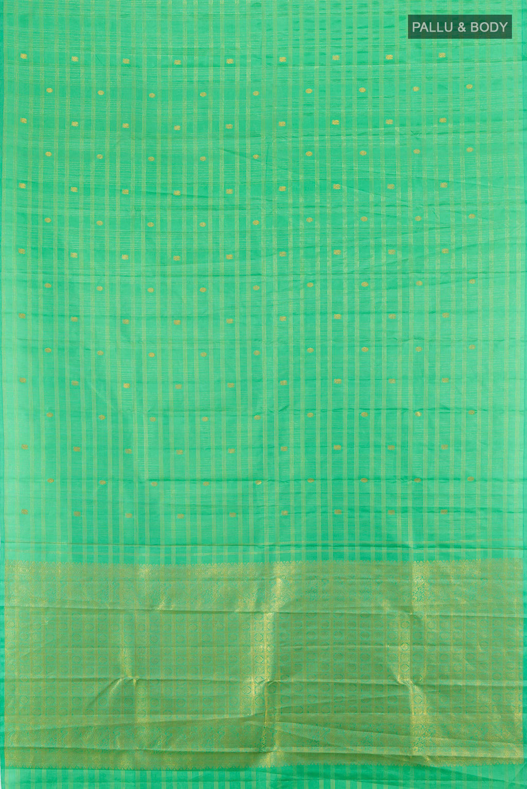 Flat view of Sea Green Kanchipuram Silk Saree with Stripes on the body and Without Border. 