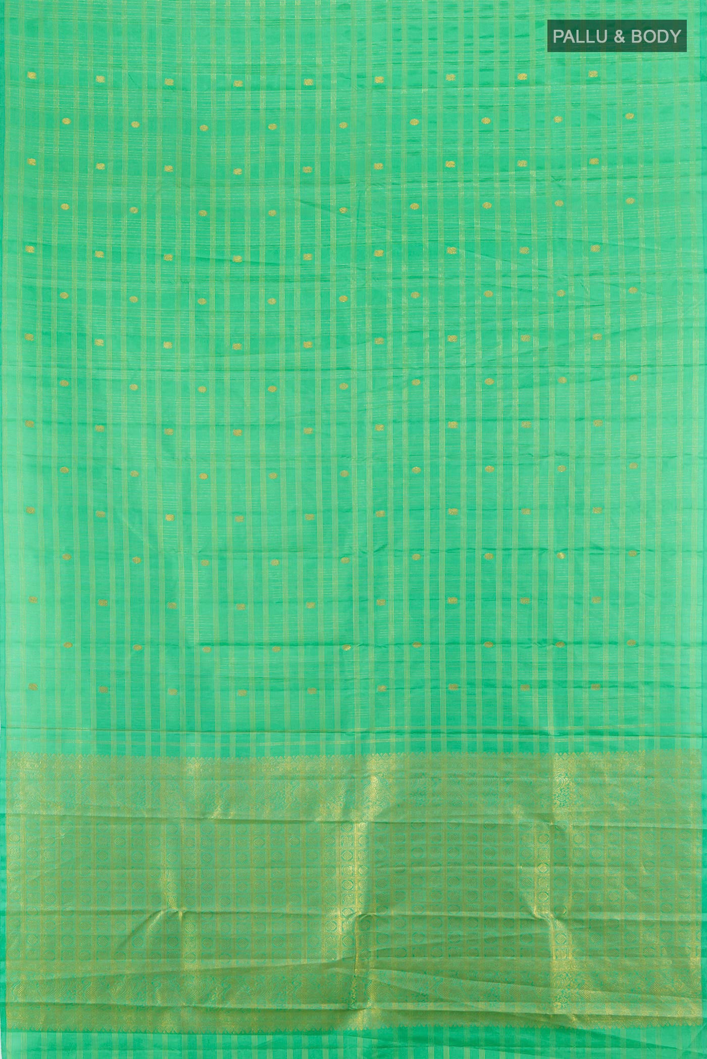 Flat view of Sea Green Kanchipuram Silk Saree with Stripes on the body and Without Border. 