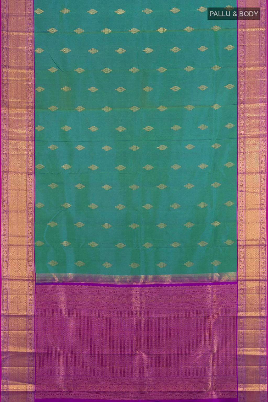 Flat view of Peacock Blue Kanchipuram Silk Saree with Zari Butta on the body and Zari Border. 