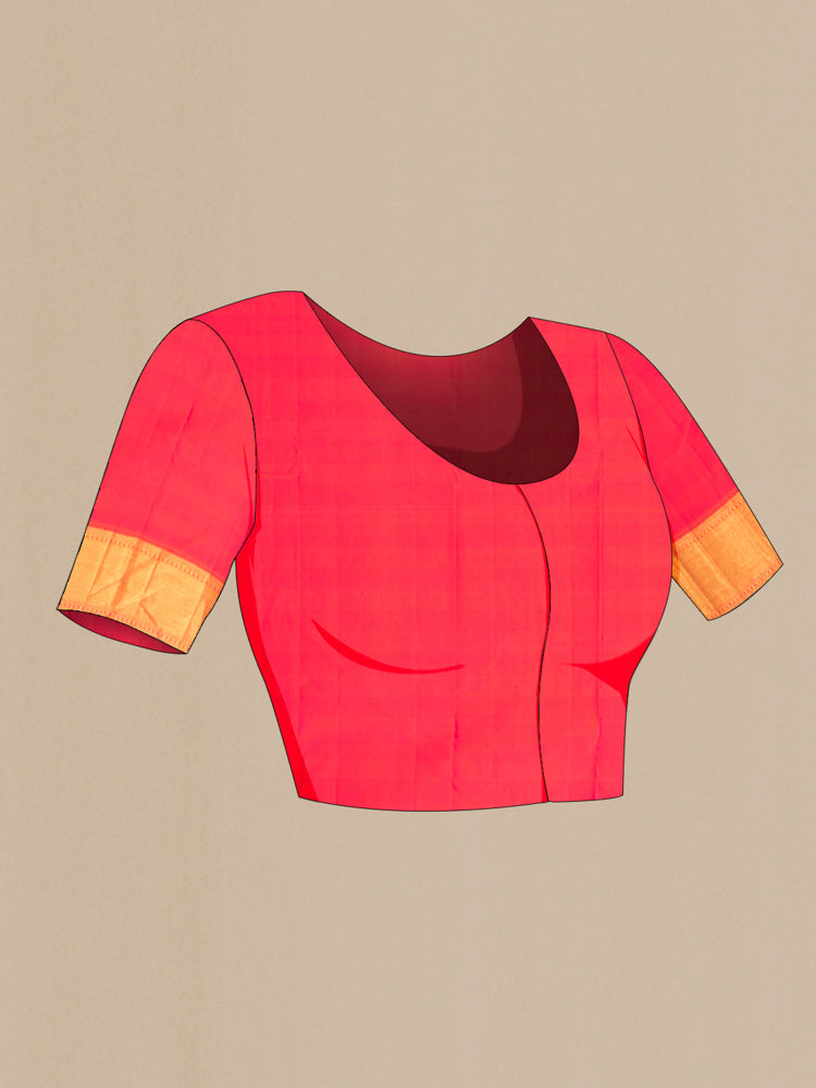 Close up image of the blouse of Magenta Kanchipuram Silk Saree with Zari Butta on the body and Silk Border. 