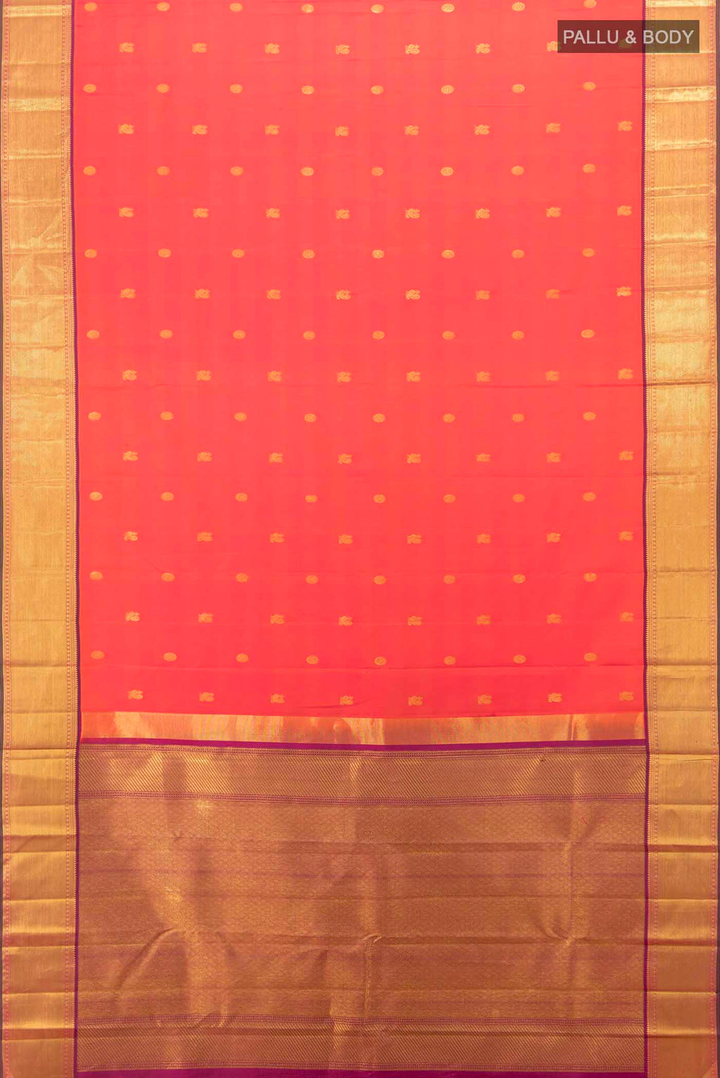 Flat view of Imperial Pink Kanchipuram Silk Saree with Zari Butta on the body and Silk Border. 