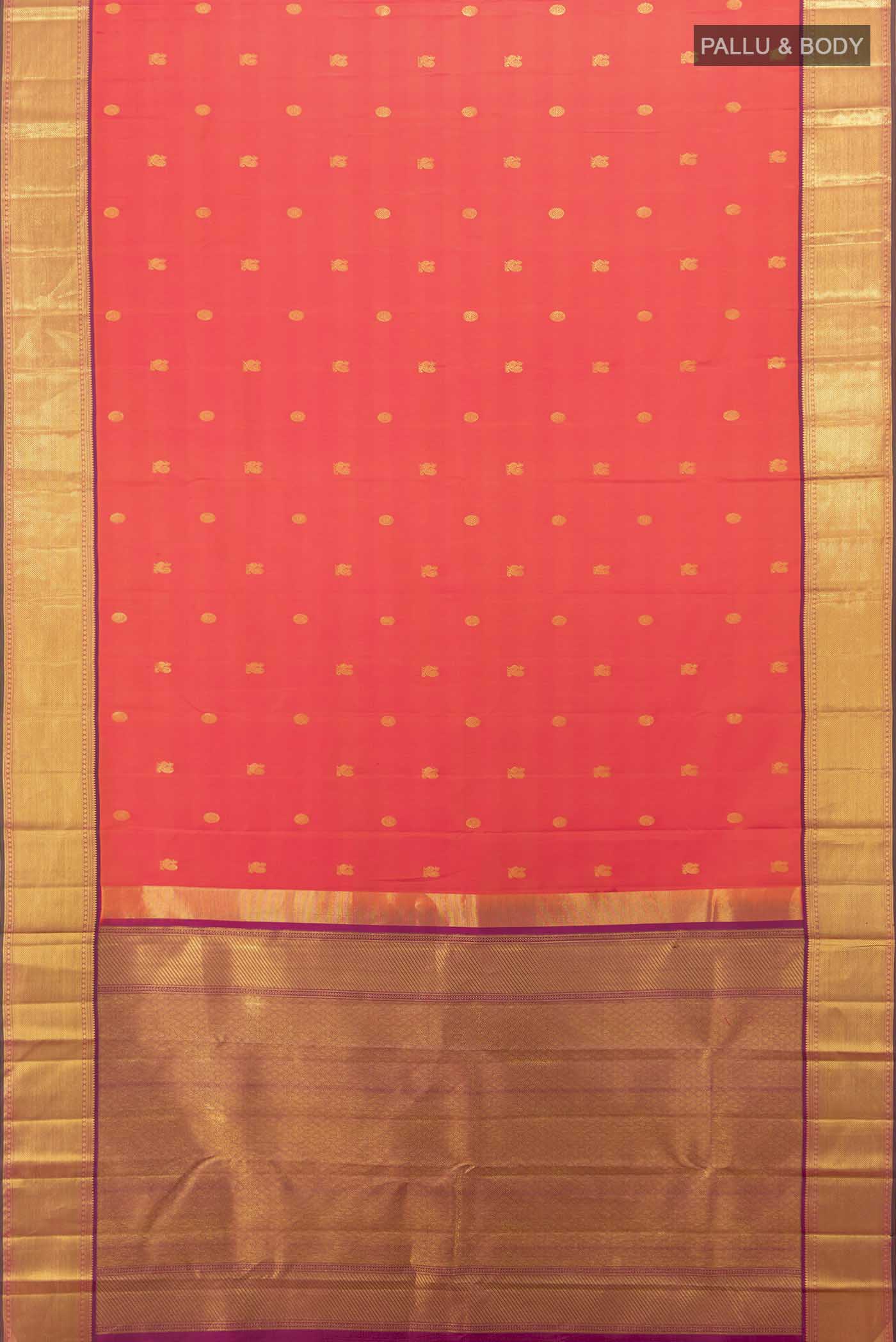 Flat view of Imperial Pink Kanchipuram Silk Saree with Zari Butta on the body and Silk Border. 