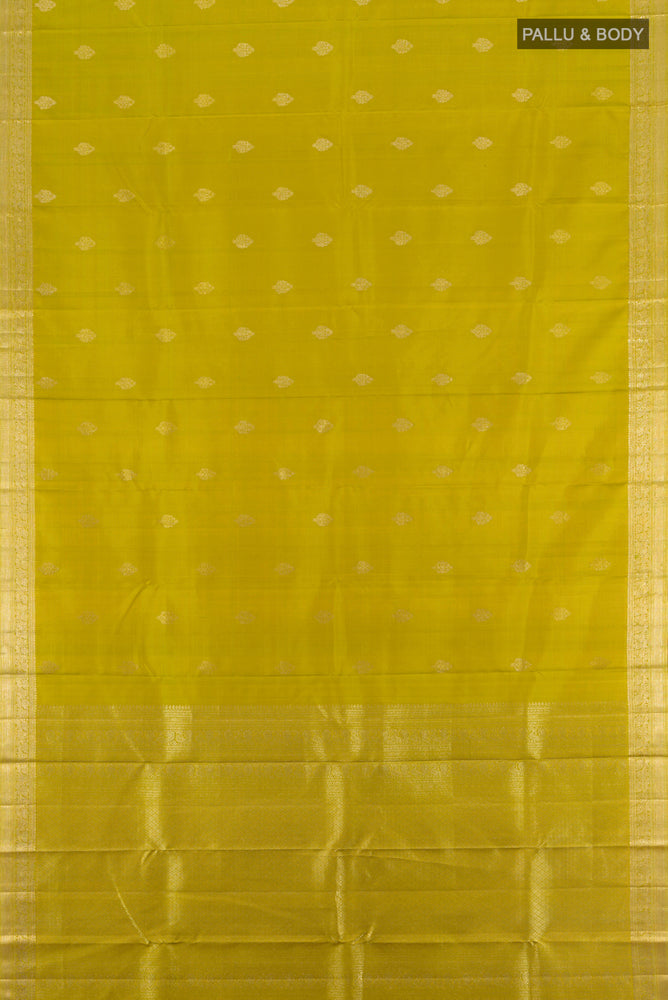 Flat view of Light Green Kanjivaram Silk Saree with Zari Butta on the body and Silk Border. 