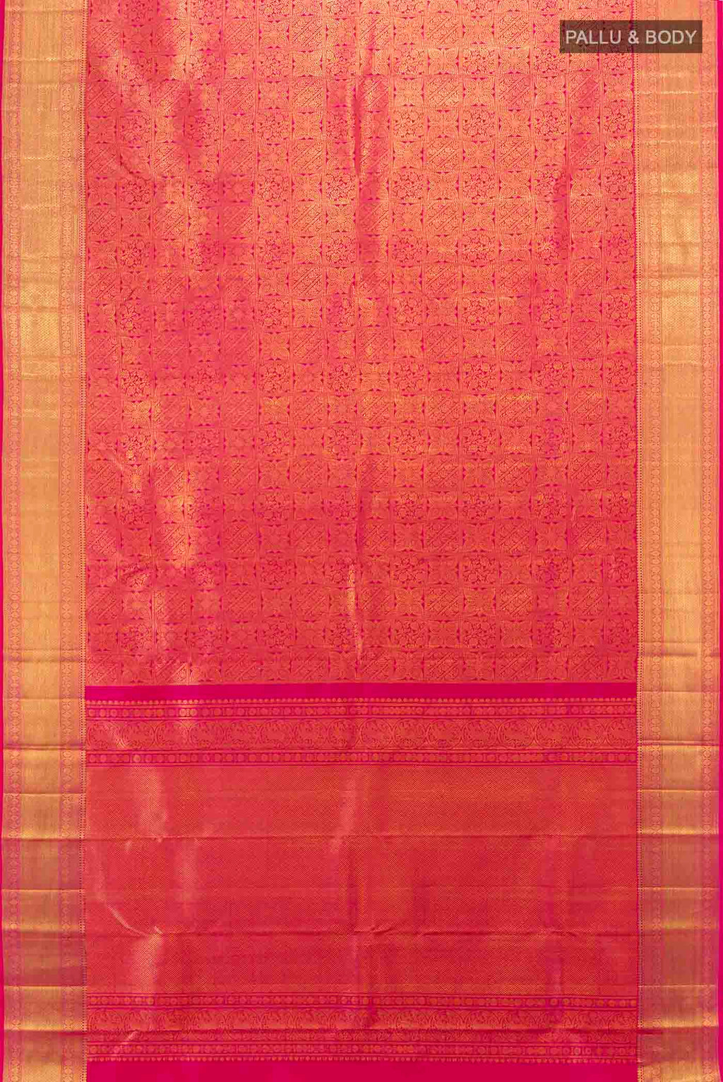 Flat view of Rani Pink Kanchipuram Silk Saree with Zari Butta on the body and Silk Border