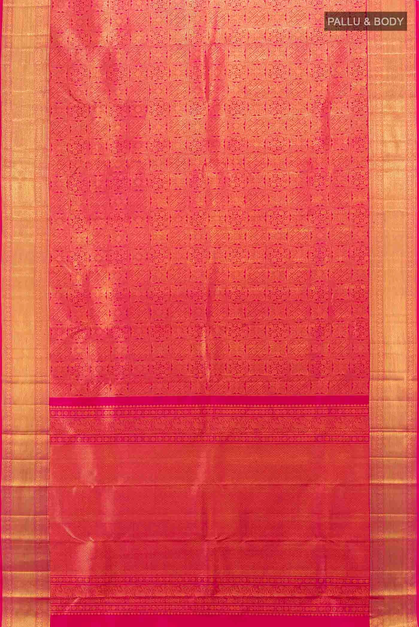 Flat view of Rani Pink Kanchipuram Silk Saree with Zari Butta on the body and Silk Border