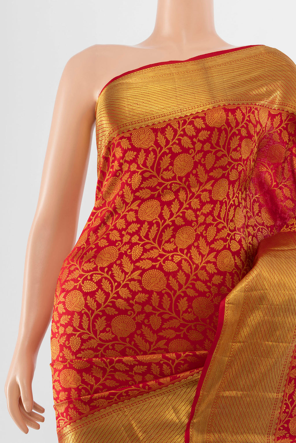 Border image of Pure Silk Pure Zari Red Kanchipuram Saree with Zari Butta on the body and Silk Border. 
