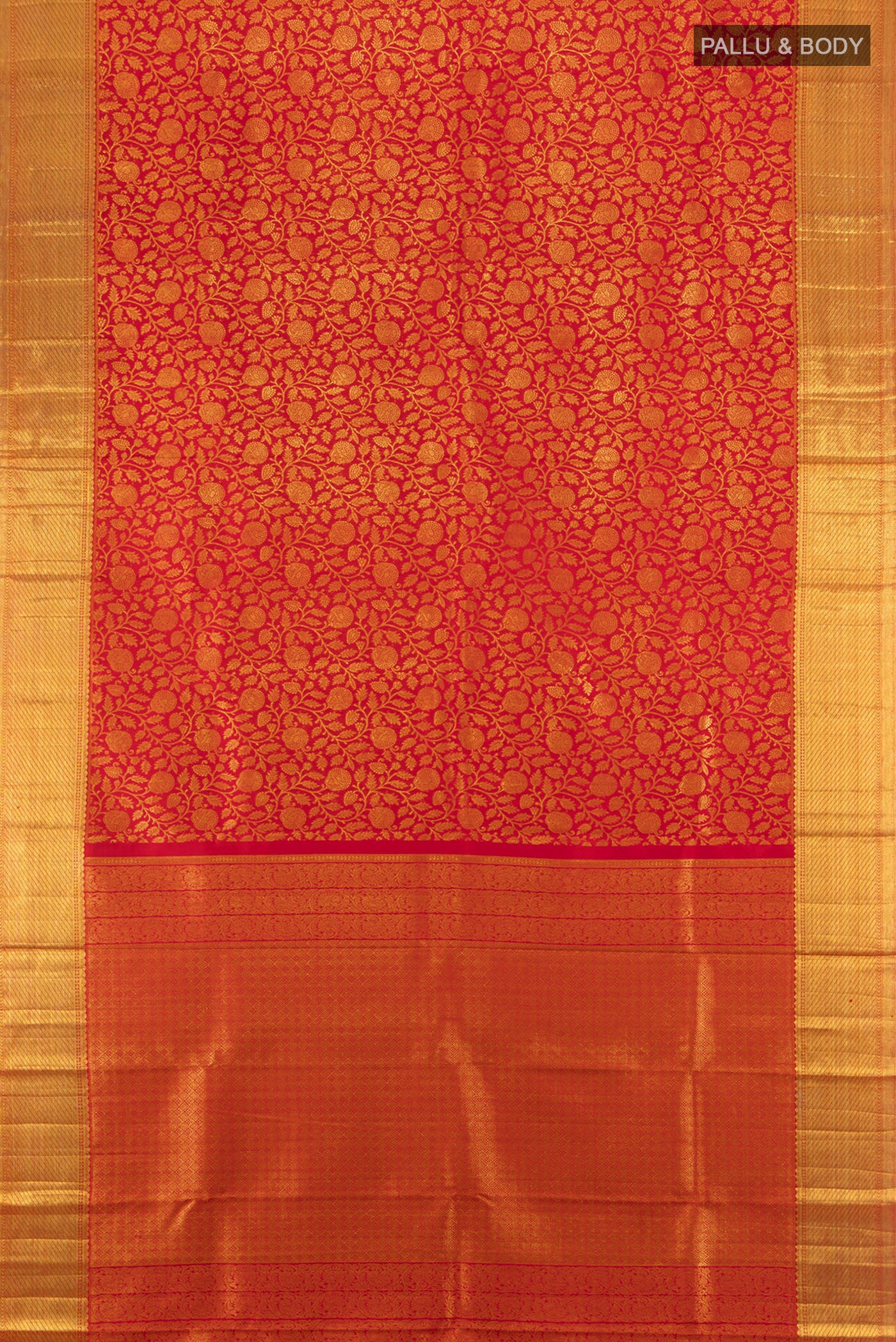 Flat view of Pure Silk Pure Zari Red Kanchipuram Saree with Zari Butta on the body and Silk Border. 