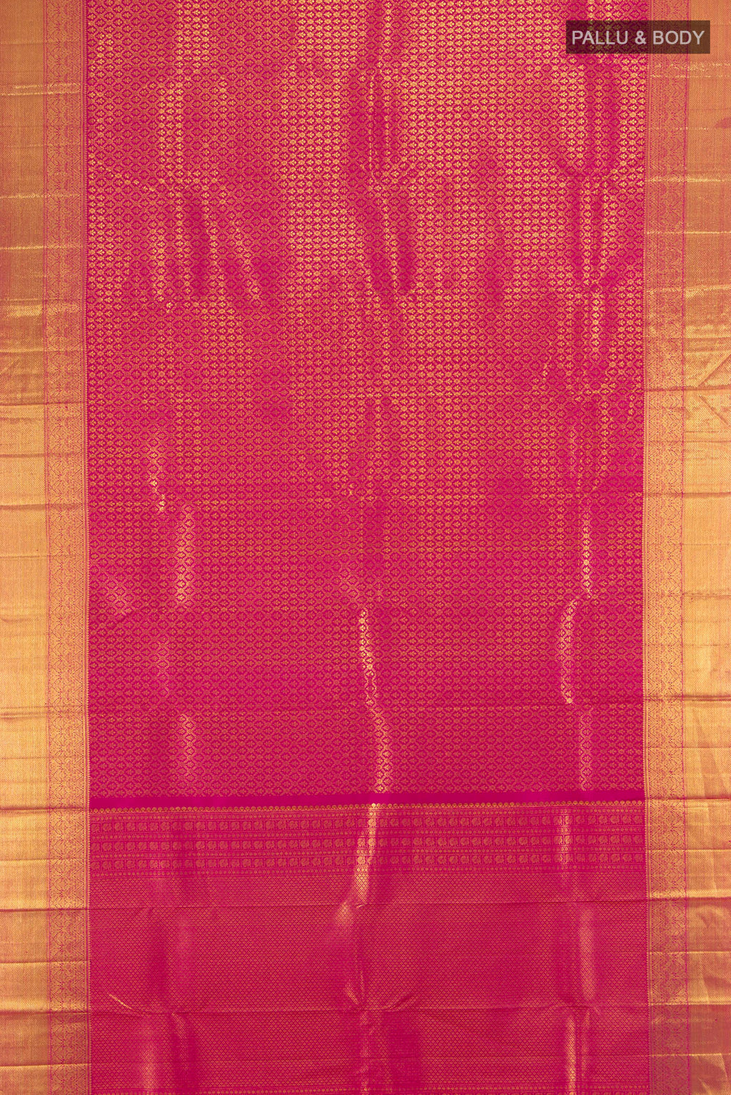 Flat view of Pure Silk Pure Zari Magenta Kanchipuram Saree with Zari Butta on the body and Silk Border. 