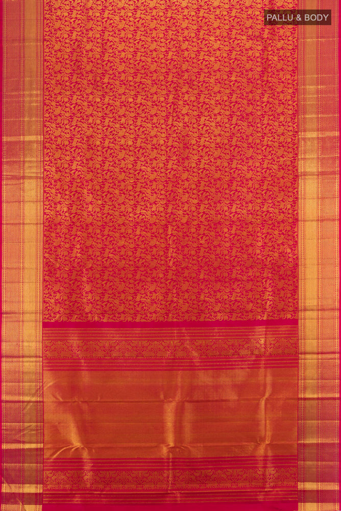 Flat view of Golden Kanchipuram Silk Saree with Zari Butta on the body and Silk Border. 