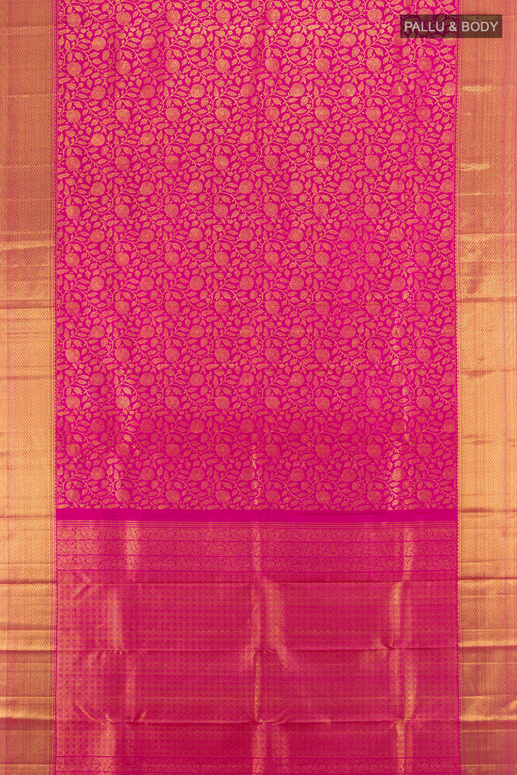 Flat view of Pure Silk Pure Zari Magenta Kanchipuram Saree with Zari Butta on the body and Silk Border. 