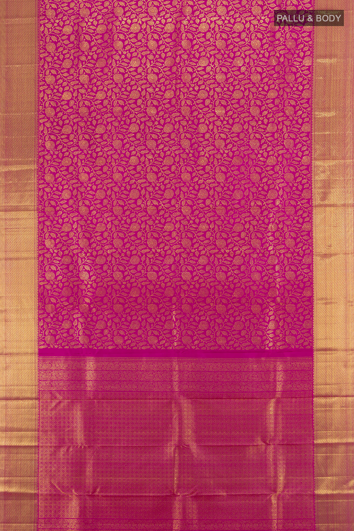 Flat view of Pure Silk Pure Zari Magenta Kanchipuram Saree with Zari Butta on the body and Silk Border. 