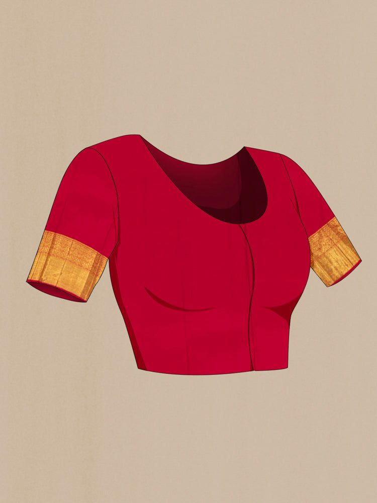 Close up image of the blouse of Golden Kanchipuram Silk Saree with Zari Butta on the body and Silk Border. 