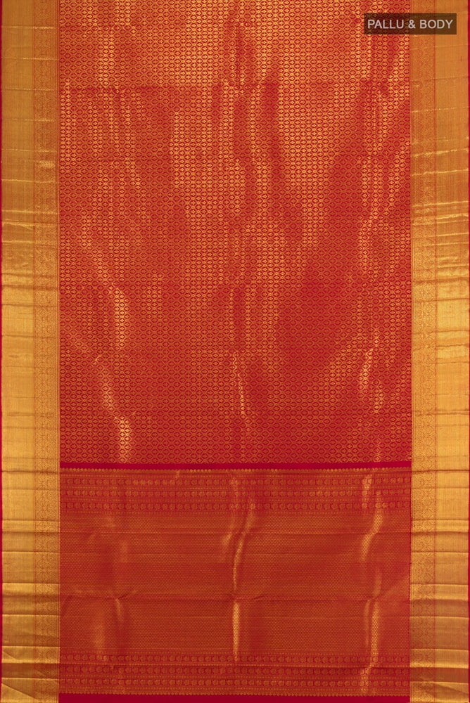 Flat view of Golden Kanchipuram Silk Saree with Zari Butta on the body and Silk Border. 