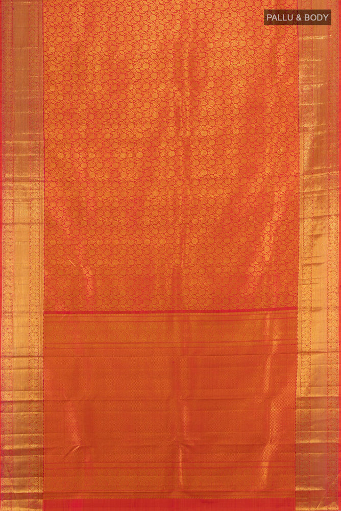 Flat view of Golden Peach Kanchipuram Silk Saree with Zari Butta on the body and Silk Border. 