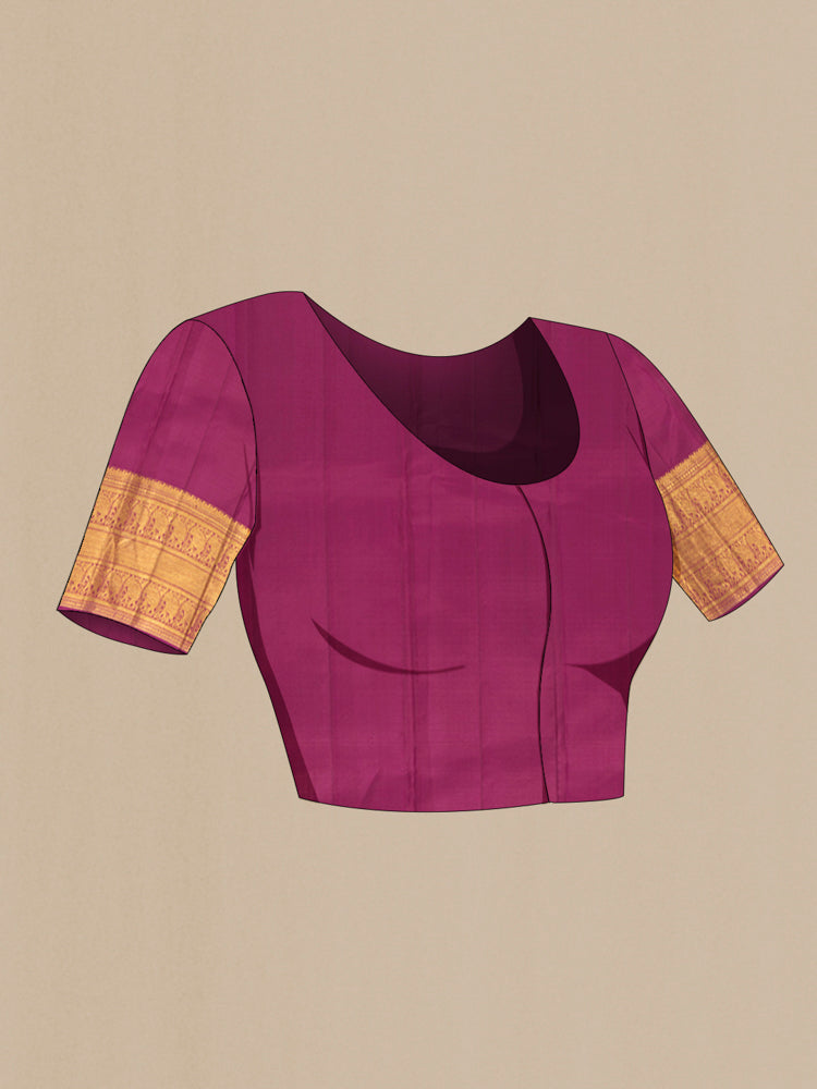 Close up image of the blouse of Pure Silk Pure Zari Light Magenta Kanchipuram Saree with Zari Butta on the body and Silk Border. 