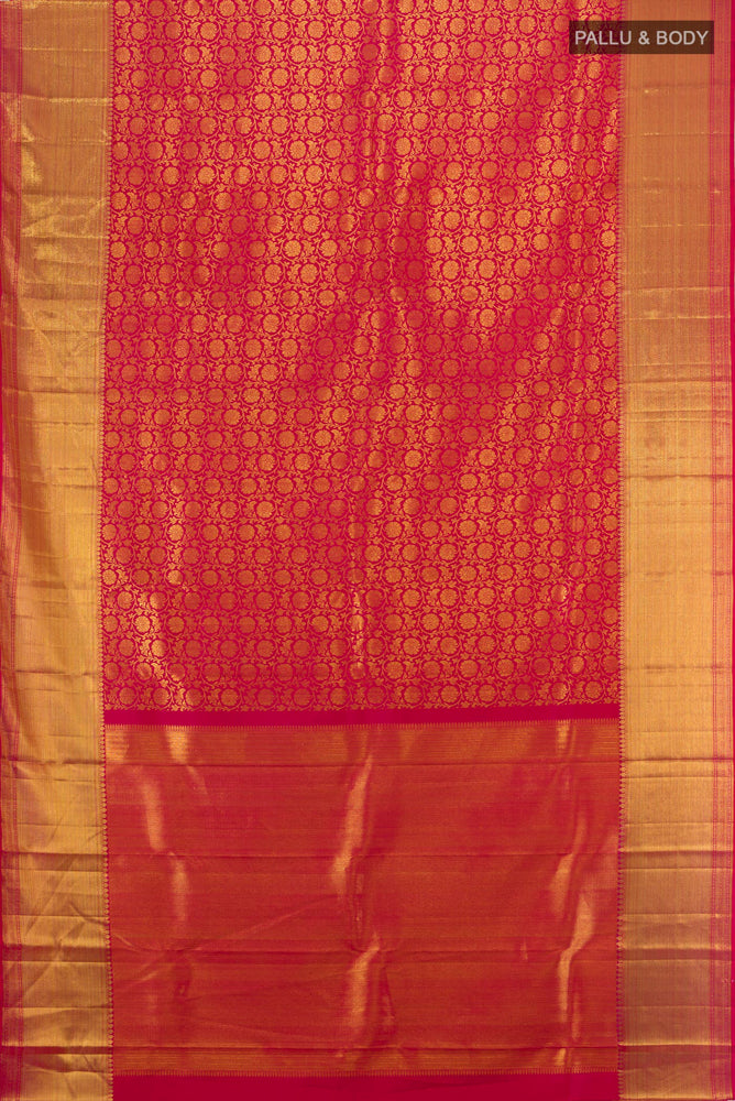 Flat view of Golden Kanchipuram Silk Saree with Zari Butta on the body and Silk Border. 