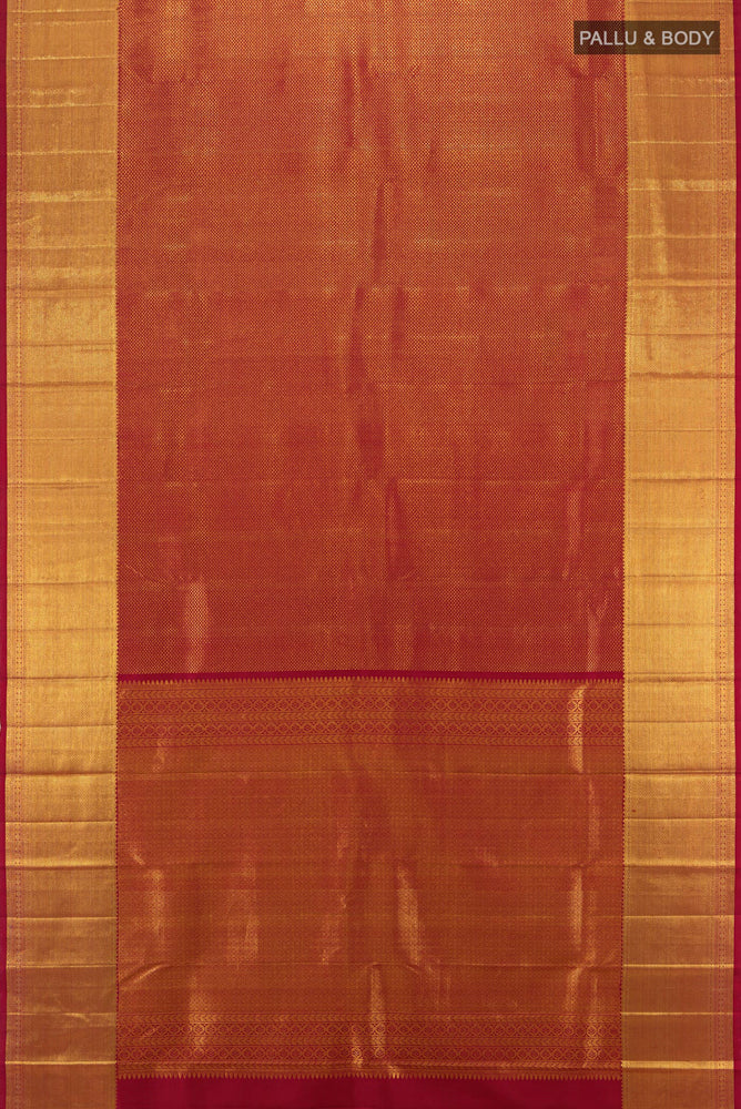 Flat view of Maroon Kanchipuram Silk Saree with Zari Brocade on the body and Silk Border. 