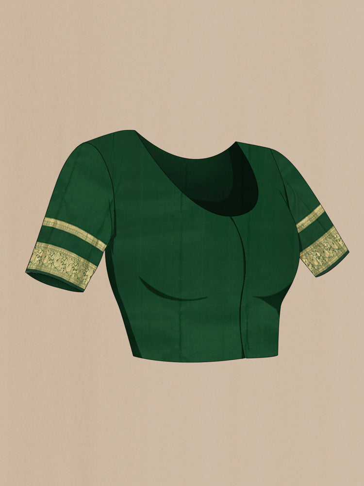 Close up image of the blouse of Light Green Kanchipuram Silk Saree with Zari Butta on the body and Silk Border. 