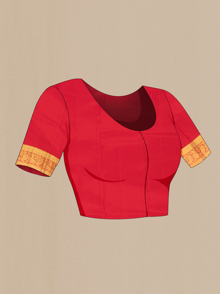 Close up image of the blouse of Bottle Green Kanjivaram Silk Saree with Zari Butta on the body and Silk Border. 