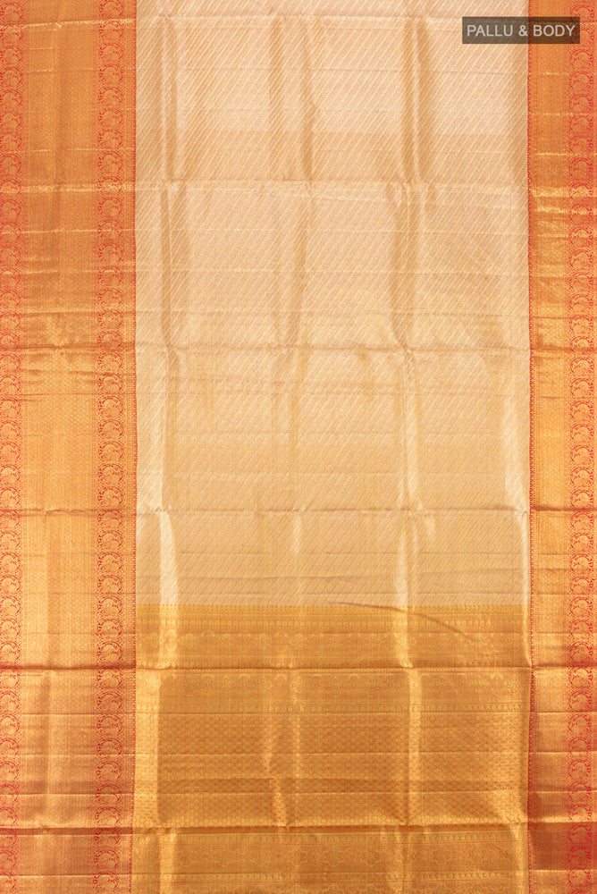 Flat view of Pure Silk Pure Zari Golden Kanjivaram Saree with Zari Butta on the body and Silk Border. 