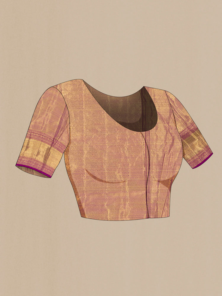 Close up image of the blouse of Golden Kanjivaram Silk Saree with Zari Butta on the body and Silk Border. 