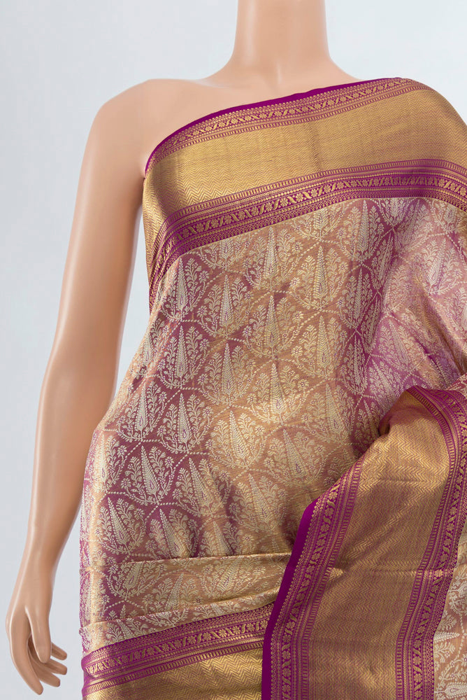 Border image of Golden Kanjivaram Silk Saree with Zari Butta on the body and Silk Border. 