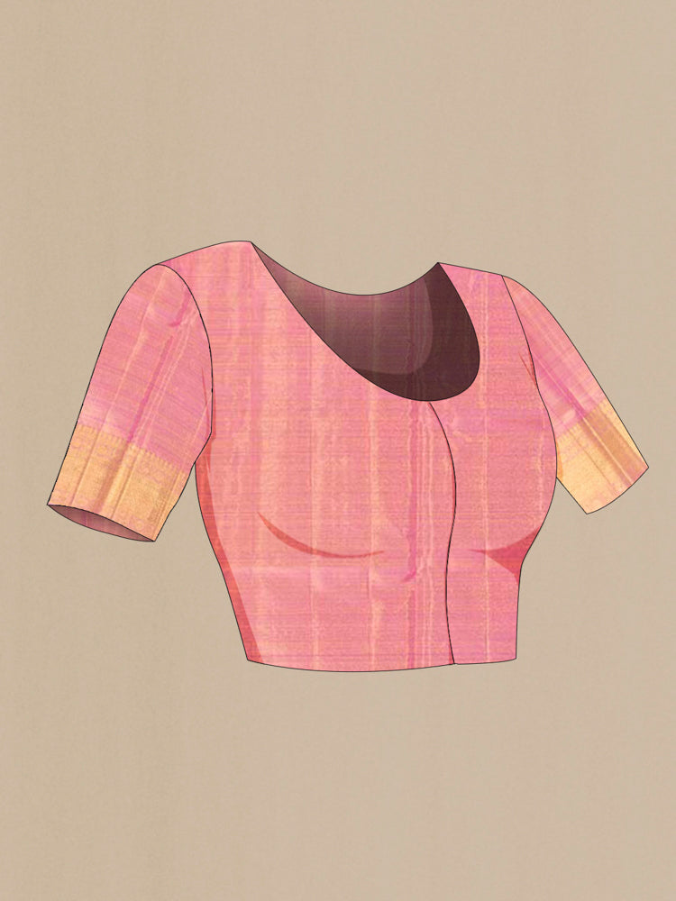 Close up image of the blouse of Peach Kanjivaram Silk Saree with Zari Butta on the body and Silk Border. 