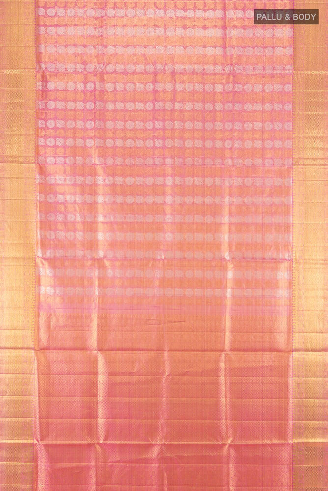 Flat view of Peach Kanjivaram Silk Saree with Zari Butta on the body and Silk Border. 