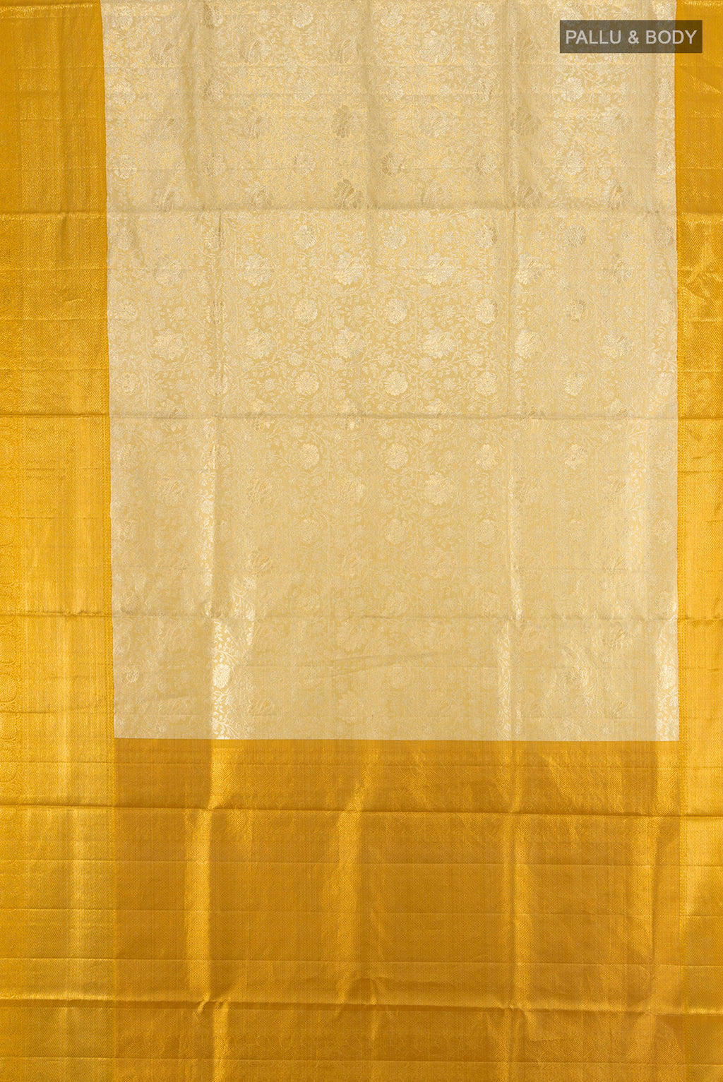 Flat view of Golden Kanjivaram Tissue Silk Saree with Zari Brocade on the body and Zari Border. 