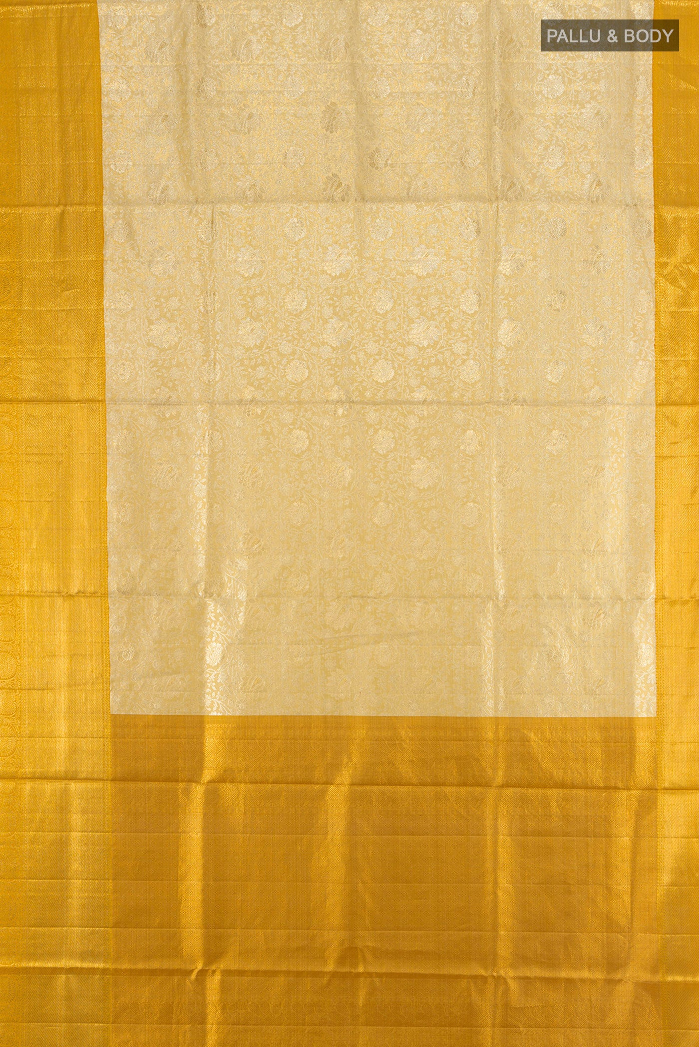 Flat view of Golden Kanjivaram Tissue Silk Saree with Zari Brocade on the body and Zari Border. 