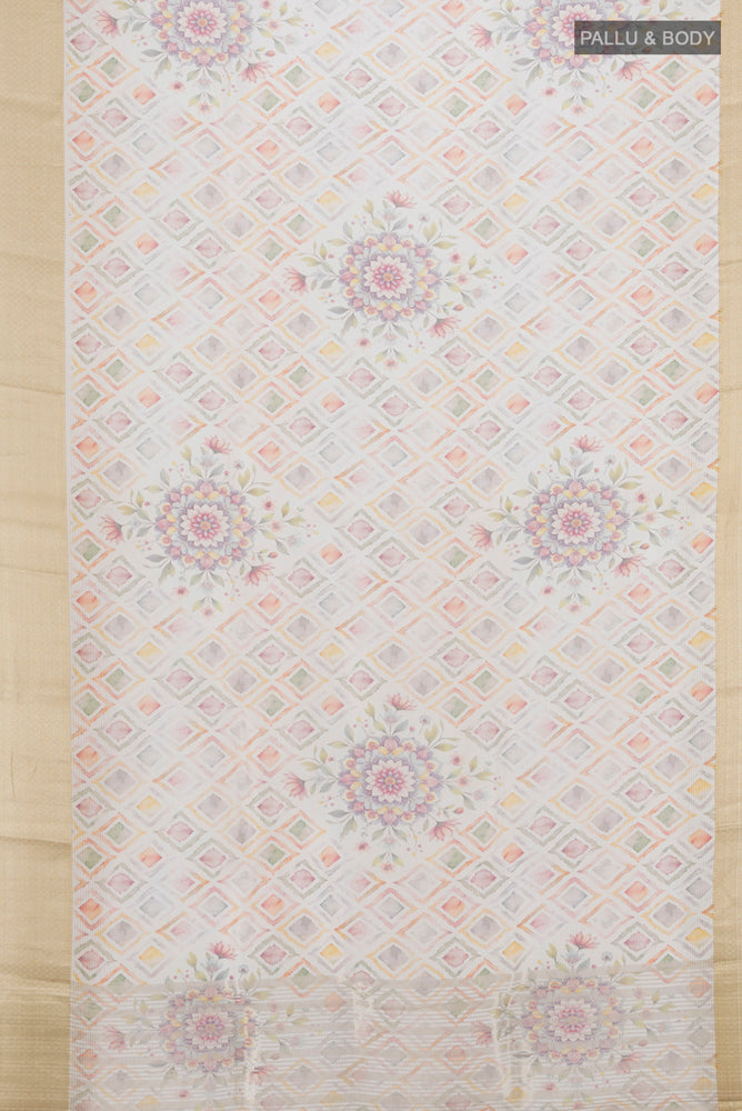 Flat view of Cream Tussar Silk Saree with Floral Print on the body and Silk Border. 