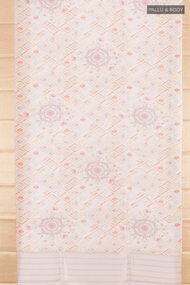 Flat view of Multi Color Tussar Silk Saree with Floral Print on the body and Silk Border. 