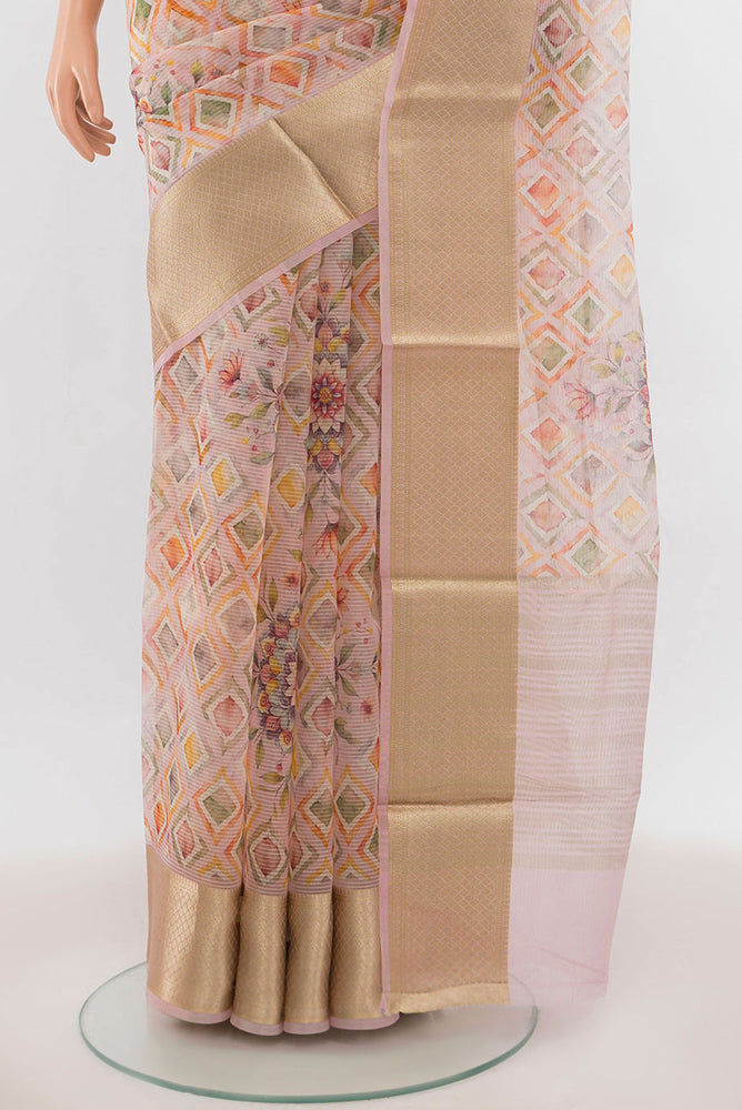 Pleats and pallu of Multi Color Tussar Silk Saree with Floral Print on the body and Silk Border. 