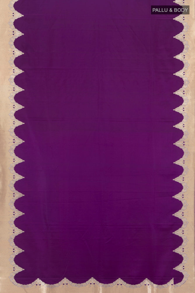 Flat view of Pure Silk Pure Zari Violet Banarasi Saree with Zari Butta on the body and Silk Border. 