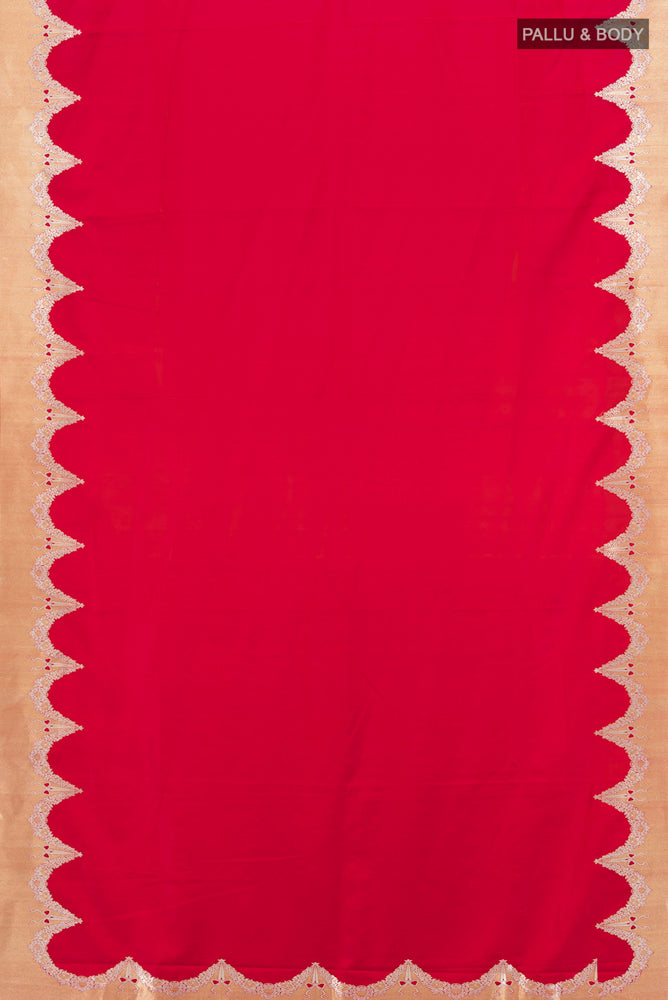 Flat view of Dark Pink Banarasi Katan Silk Saree with Zari Butta on the body and Silk Border. 