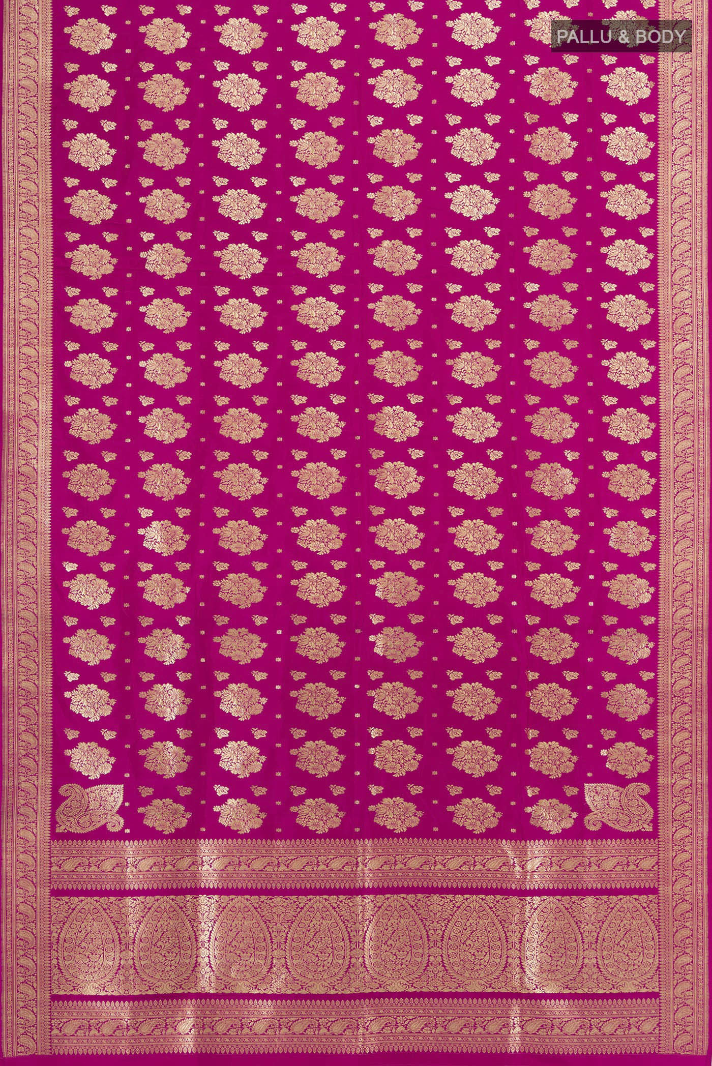 Flat view of Pure Silk Pure Zari Rani Pink Banarasi Saree with Zari Butta on the body and Zari Border. 
