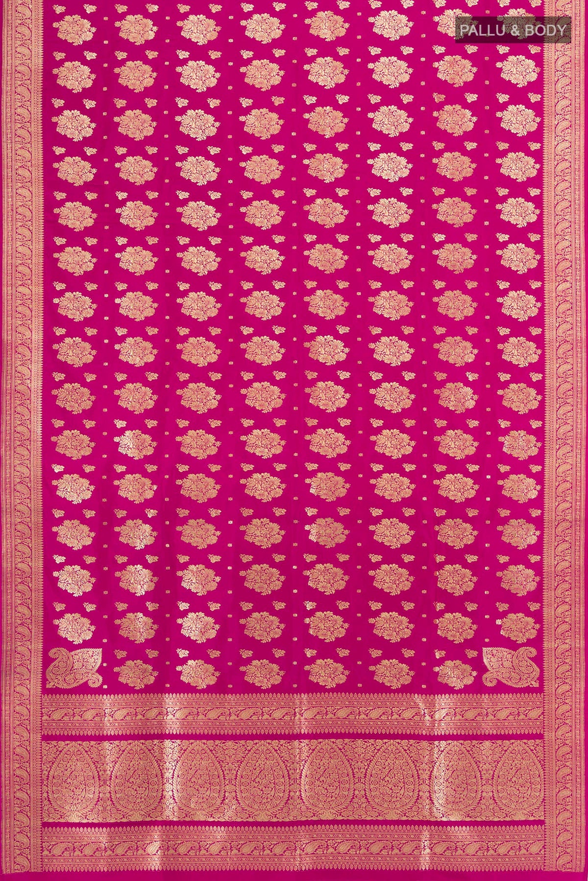 Flat view of Pure Silk Pure Zari Rani Pink Banarasi Saree with Zari Butta on the body and Zari Border. 