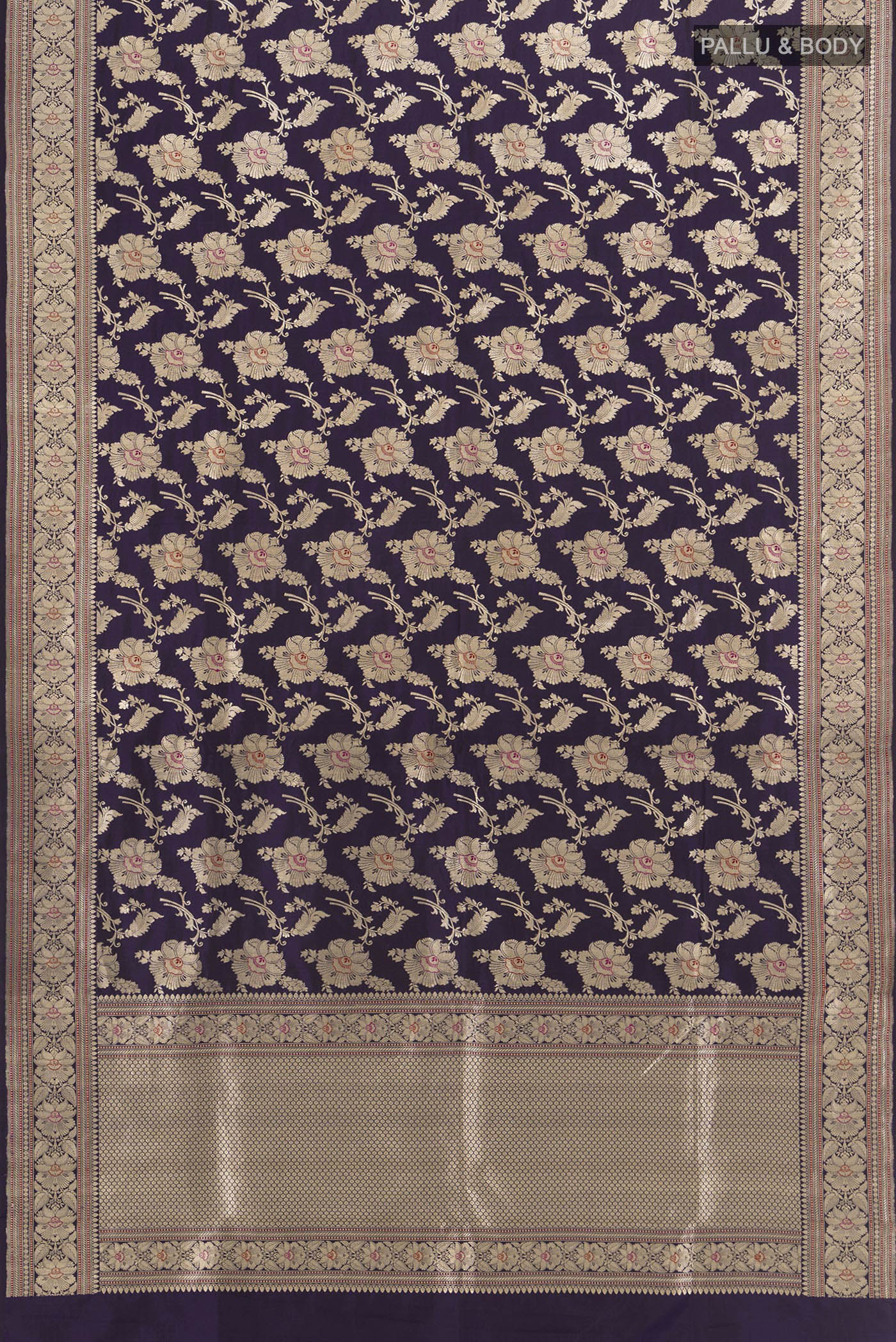 Flat view of Pure Silk Pure Zari Navy Blue Banarasi Saree with Zari Butta on the body and Zari Border. 