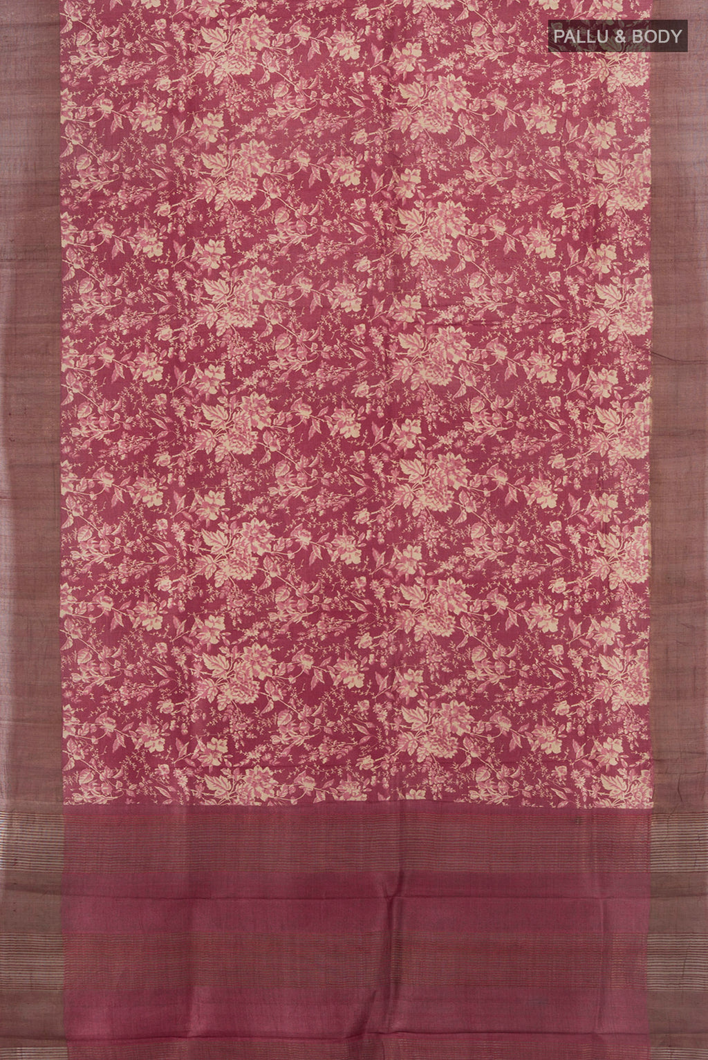 Flat view of Multi Color Tussar Silk Saree with Floral Print on the body and Silk Border. 