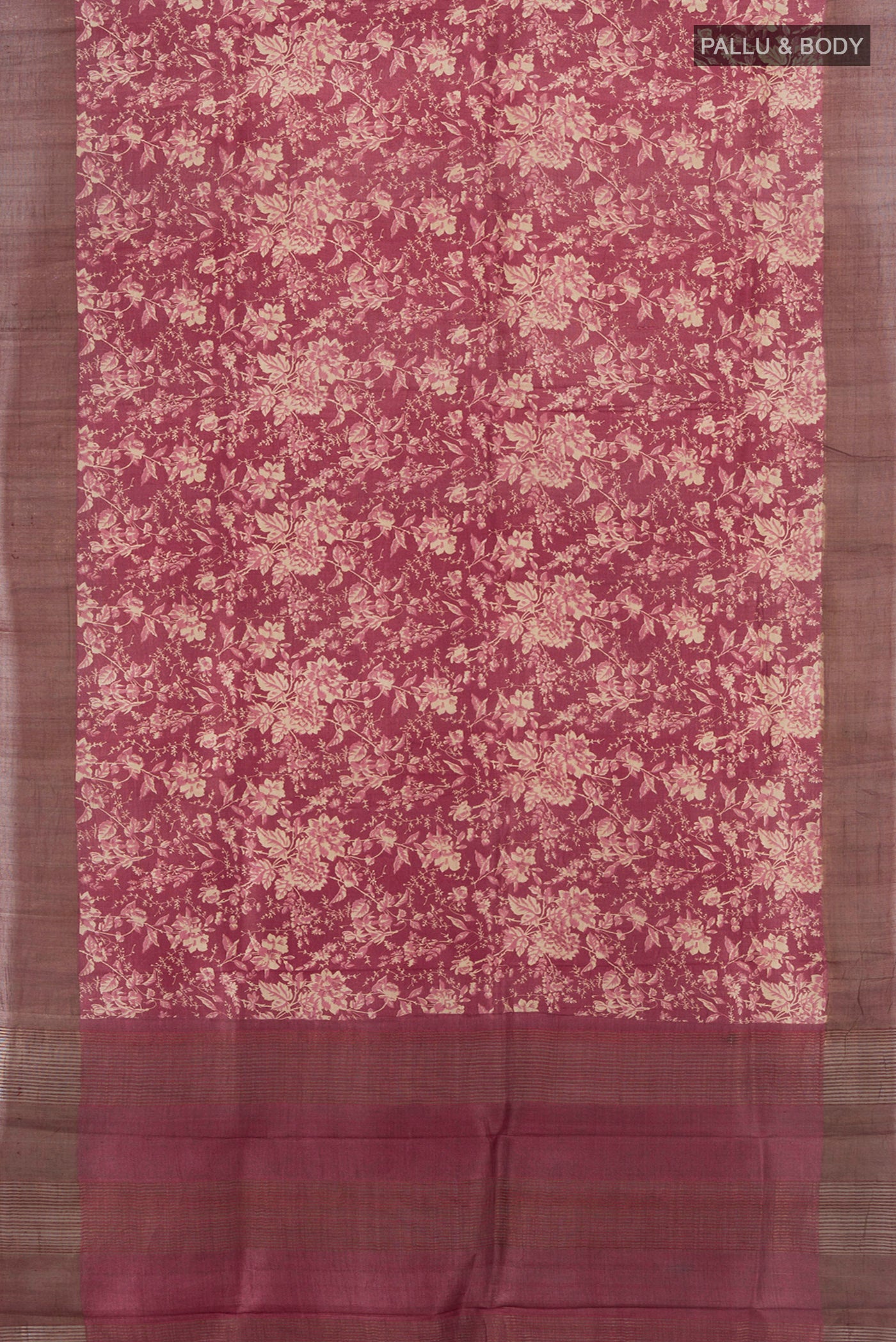 Flat view of Multi Color Tussar Silk Saree with Floral Print on the body and Silk Border. 
