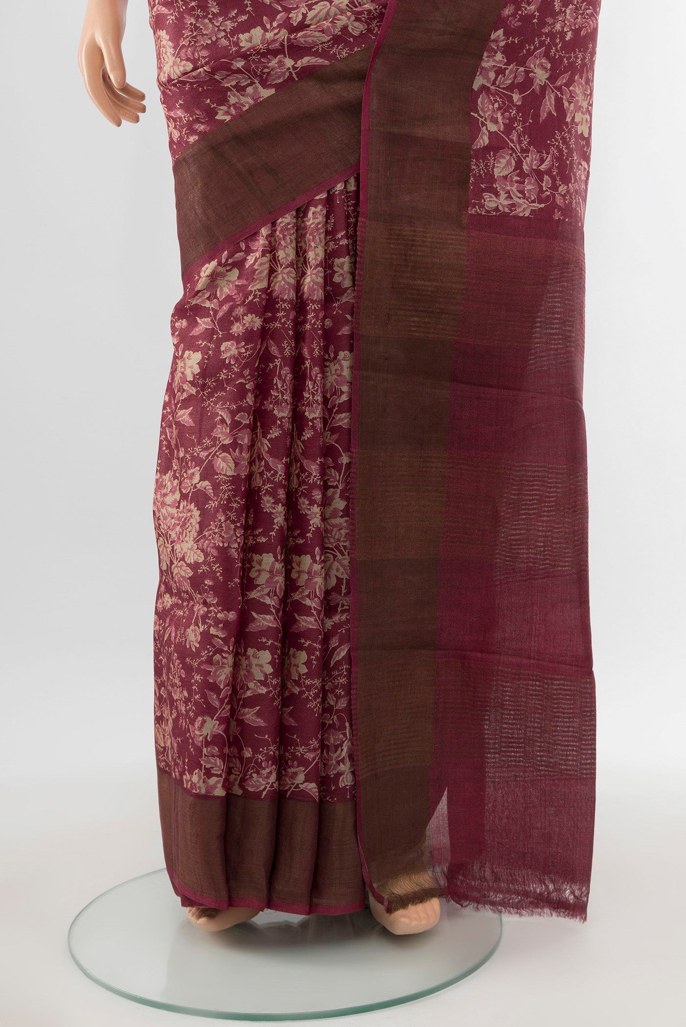 Pleats and pallu of Multi Color Tussar Silk Saree with Floral Print on the body and Silk Border. 