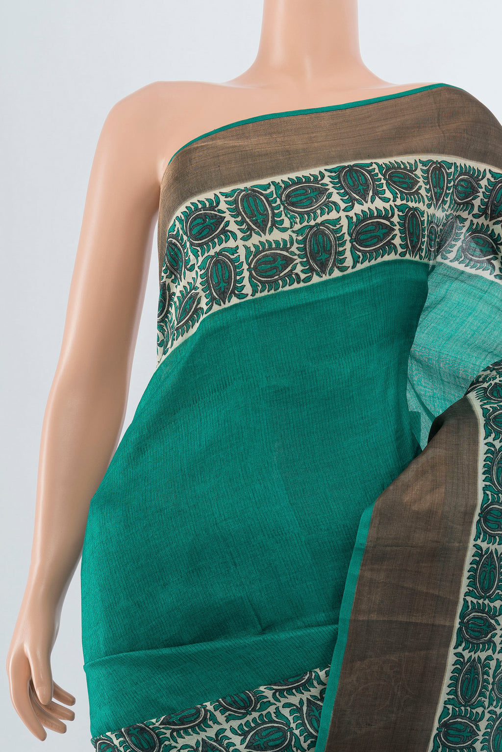 Border image of Peacock Blue Tussar Silk Saree with Floral Print on the body and Silk Border. 