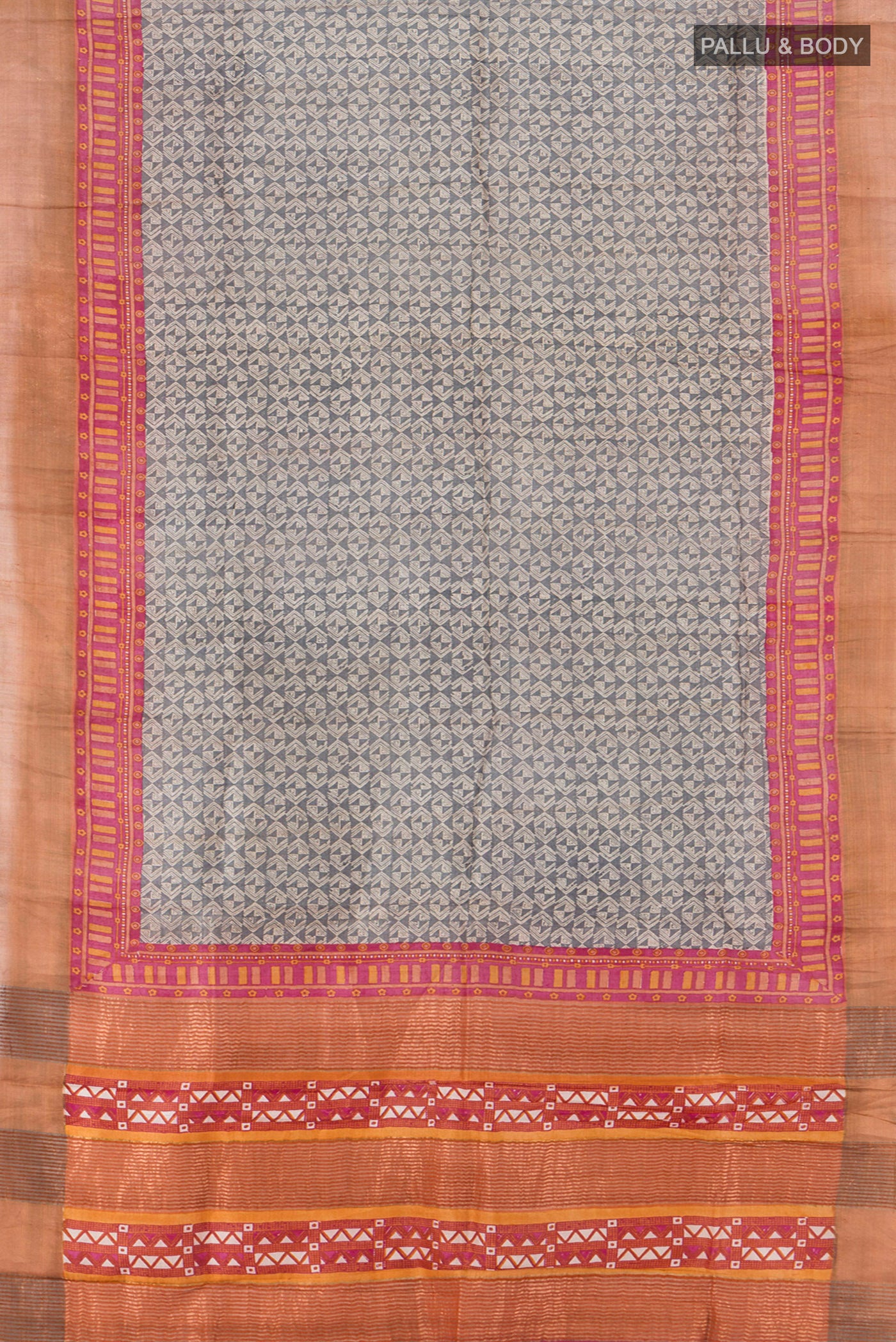 Flat view of Multi Color Tussar Silk Saree with Floral Print on the body and Silk Border. 
