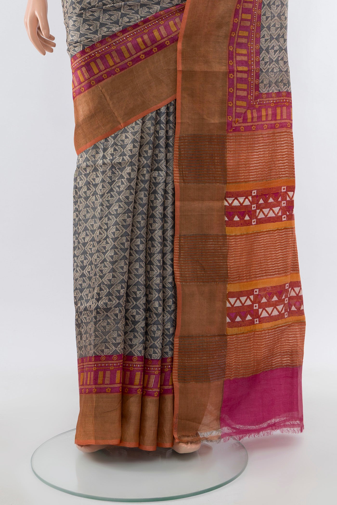 Pleats and pallu of Multi Color Tussar Silk Saree with Floral Print on the body and Silk Border. 