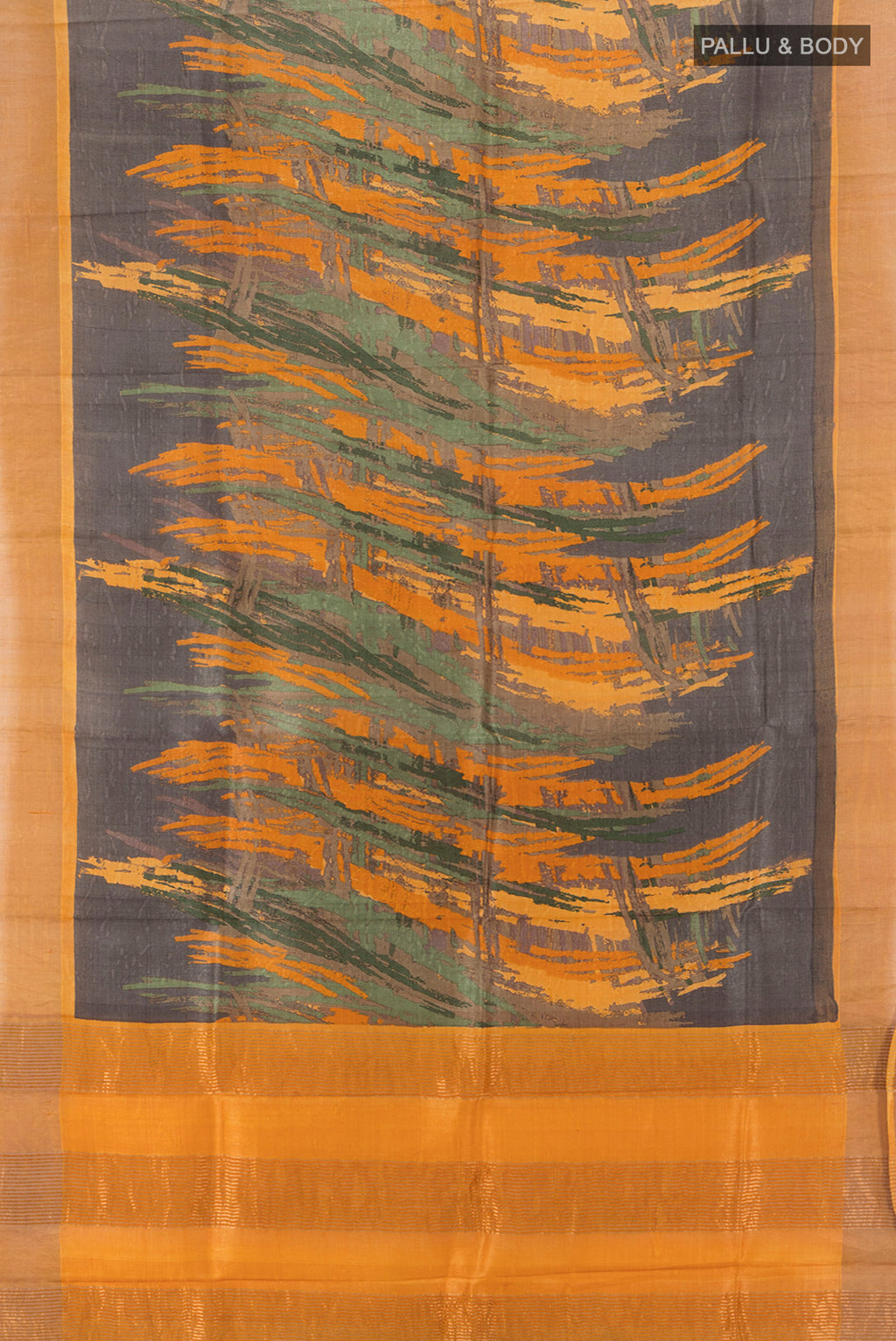 Flat view of Multi Color Tussar Silk Saree with Floral Print on the body and Silk Border. 