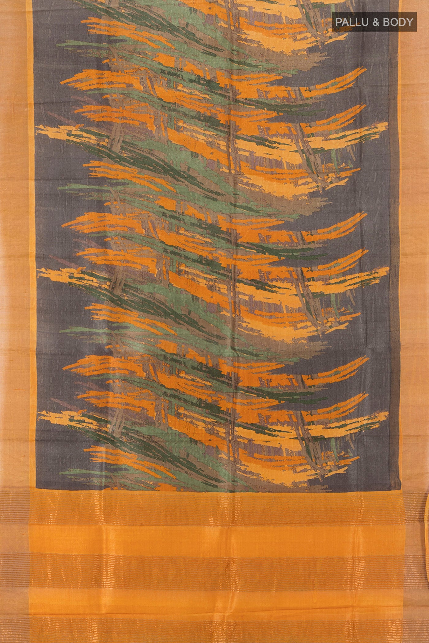 Flat view of Multi Color Tussar Silk Saree with Floral Print on the body and Silk Border. 